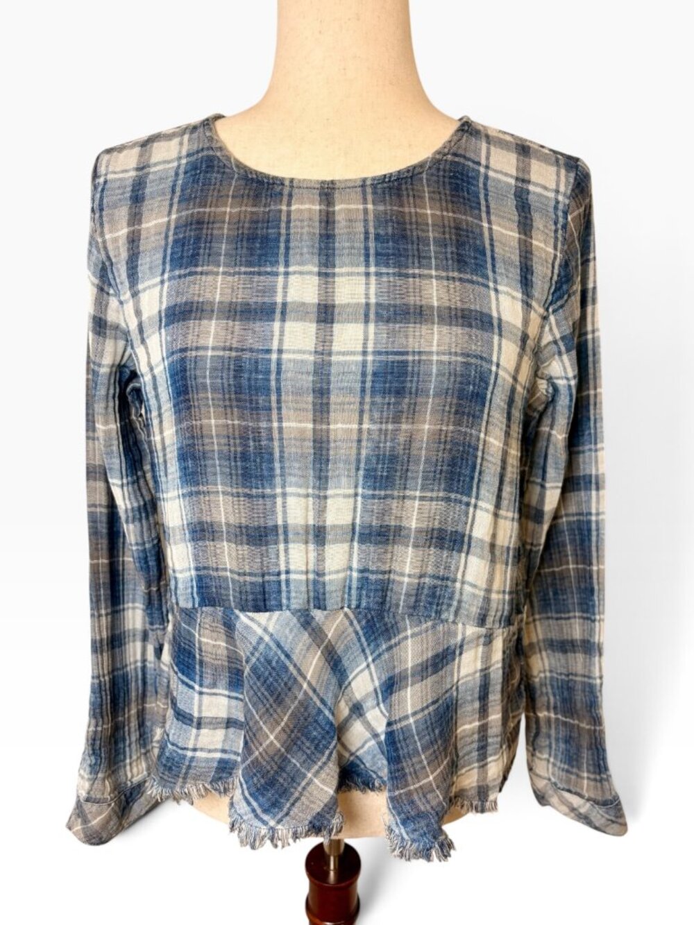 Cloth & Stone Blue Plaid Button Back Peplum Top Size X-Small